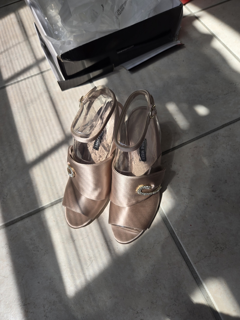 Nine West Rose Gold Satin Slingback Heels with Rhinestone Buckle